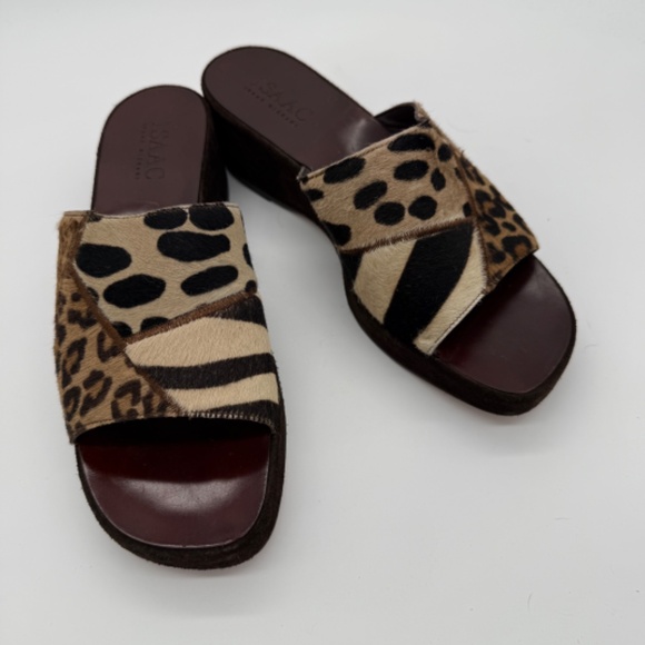 Vintage Isaac Mizrahi Italy Animal Print Fur Wedge Slides 10B Suede Leather Y2K - Picture 3 of 8